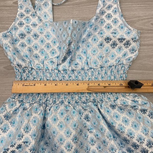 Hill House The Cher Metallic A Line Mini Dress Snowflake Brocade Blue/ White S - Picture 10 of 10